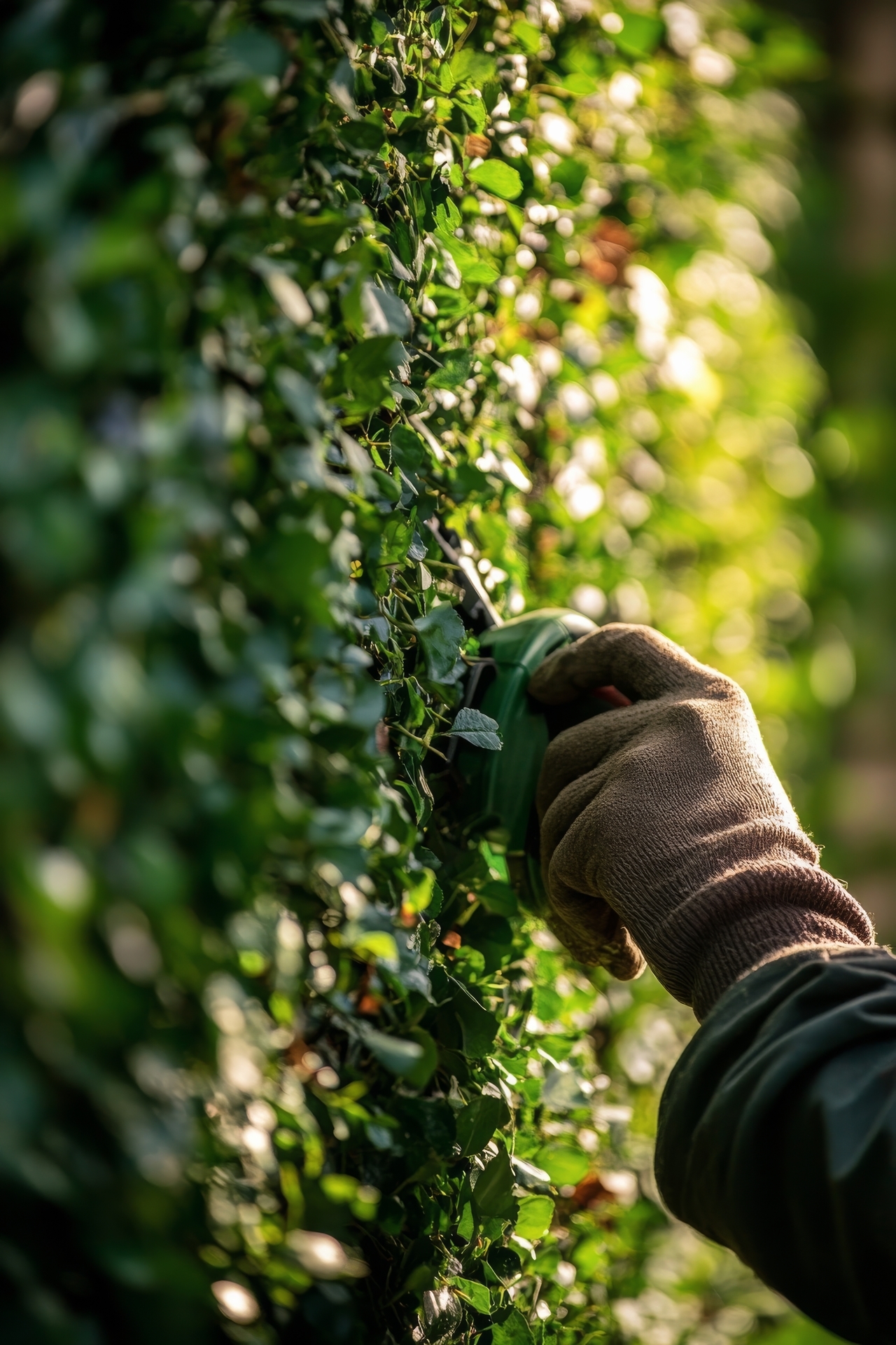 Gardener trimming lush green ivy in a serene outdoor setting during golden hour